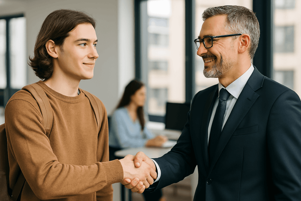 poignée de main étudiant - gérant entreprise